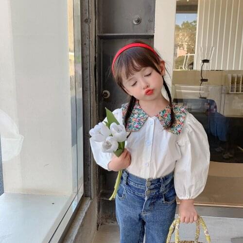 2021 autumn girls' floral doll collar solid color shirt top girls bubble sleeve sweet kids clothing shirts for girls