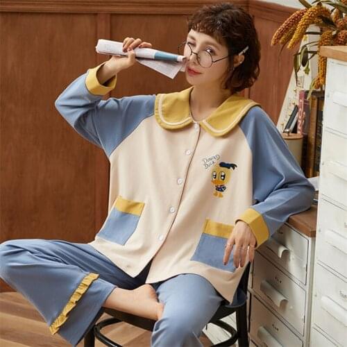 Pajama suit long-sleeve cotton new womens 2020 pocket lapel sleepwear casual loose home service two-piece suit пижама bathrobe