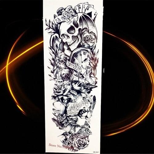Full Skull Bracelet Waterproof Temporary Tattoo Sticker Fake Water Tranfer Tattoo Body Art Sleeve Black Rose Big Large Tatoo Men