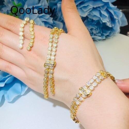 QooLady Stunning 3 pcs Jewelry Sets CZ Stone Indian African Round 585 Gold Tassel Drop Necklace Earring Bracelet for Women Z058