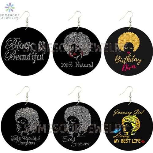 SOMESOOR 100% Natural Soul Sister Wooden Drop Earrings Black Beauty Diva Both Sides Printed Pendant Loops Jewelry For Women Gift