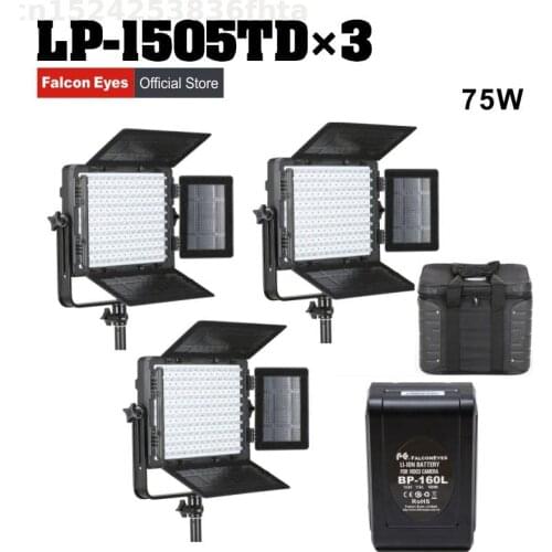 Falcon Eyes 3XLot 75W LED Panel Photography Video Light Panel Dimmable LED Studio Lamp LP-1505TD with Battery BP-160