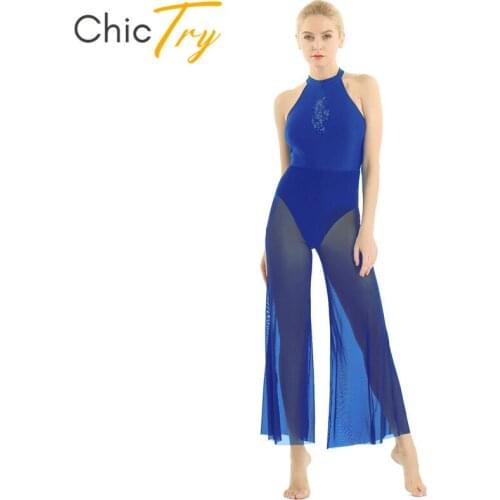 ChicTry Adults Halter Sequins Lace Flare Culottes Women Ballet Gymnastics Leotard Dress Stage Performance Lyrical Dance Costumes