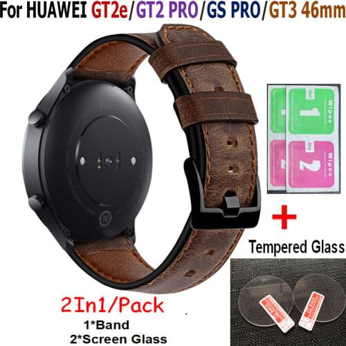 2pcs Tempered Glass Screen Protectors For Huawei watch GT2e/GT2 PRO Band 22mm Leather Smartwatch Strap for Honor GS Pro Wrist
