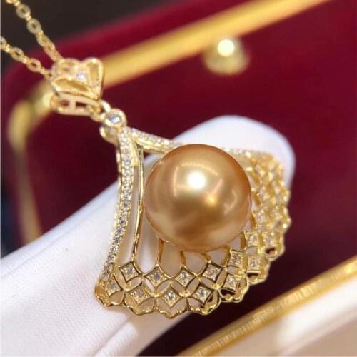 D915 Pearl Pendant Fine Jewelry Gold Filled Round 12-13mm Sea Water Golden Pearls Pendants Necklaces for Women Presents