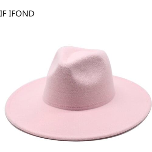 Classic Solid Color 9CM Wide Brim Fedora Hat For Women British Style Felt Hat Autumn Winter Panama Jazz Cap