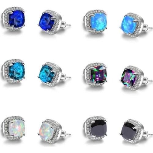 JUNXIN Female Multicolor Birthstone Square Stud Earrings For Women White Gold Rose Gold Filled White Blue Fire Opal Earrings CZ