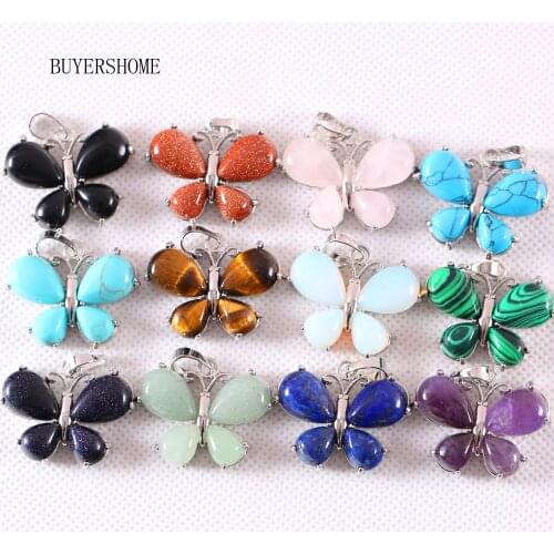 Women Pendat Natural Stone Bead Pink Quartz Crystal Gold Tiger Eye Blue Lapis Opal Green Malachite Butterfly Necklace Pendant
