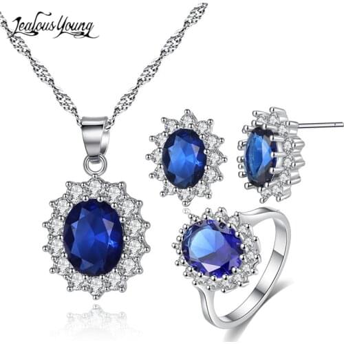 Classic Luxury Women Wedding Jewelry Sets For Bride Silver Color Blue Zircon Necklace Set For Women African Cyrstal Jewelry Sets