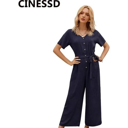 CINESSD Women Single Breasted Long Jumpsuits V Neck Short Sleeves Solid High Waist Casual Loose Lace Up Rompers Plain Jumpsuit