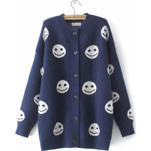 Plus size cardigans for women 2021 autumn O-Neck raglan sleeves Smiley print Womens oversize sweater black Navy Women clothing