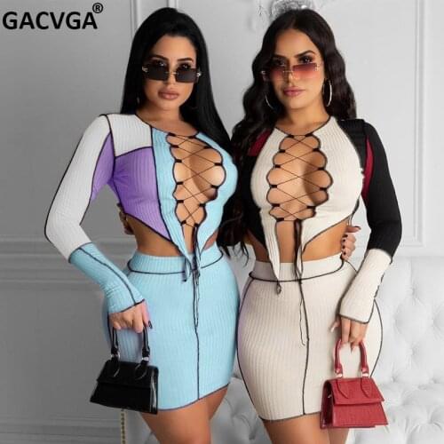 GACVGA 2021 Patchwork Knitted Two Piece Set Women Bandage Summer Autumn Crop Top And Mini Skirt Suit Sexy Clothing Sets