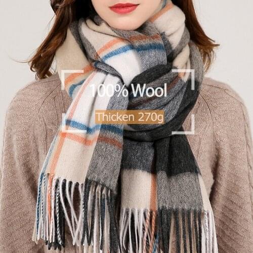 Winter 100% Wool Scarf Women Thicken Warm Shawls and Wraps Ladies Plaid Echarpe Pashmina Lamb Woolen Scarves Cashmere Foulard