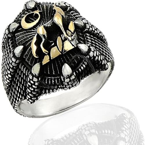 925 Silver Ethnic Moon and Wolf Printed English Men Rings
