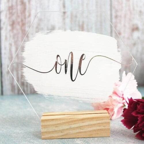 Wedding Acrylic Table Number with Wood Base Hexagon Hand Painted Wedding Table Number Signs with Calligraphy for Party Favors