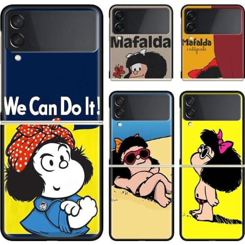 Phone Case For Samsung Galaxy Z Flip 3 5G Black Hard Cover ZFlip 3 Luxury Shockproof Bumper Cases Fundas Cartoon Mafalda Girl