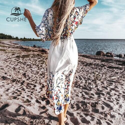 CUPSHE Wildflower Midi Bikini Cover Up Sexy Lace Up Women Long Dress Capes 2021 Summer Beach Bathing Suit Beachwear