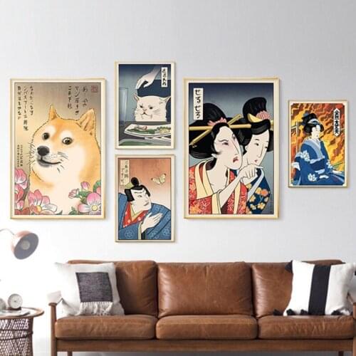 Home Decor Canvas Painting Pictures Print Japanese Culture Geisha and Animal Wall Art Vintage Style Poster Mural For Living Room