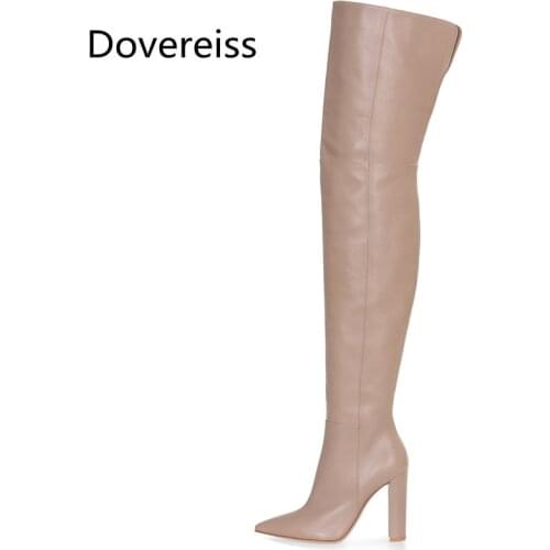 Dovereiss Fashion shoes for woman Winter sexy Pure color apricot Pointed Toe Block heels Elegant Over the knee boots Mature34-47