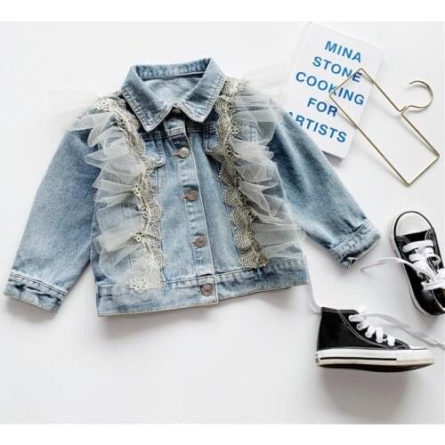 FOCUSNORM 2-8Y Fashion Autumn Kids Girls Denim Jacket Lace Ruffles Flowers Long Sleeve Single Breasted Pocket Coat