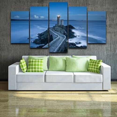 HD Printed Modular Abstract Pictures Frame Canvas 5 Panel Night View Of The Sea Lighthouse Home Decor Wall Art Painting