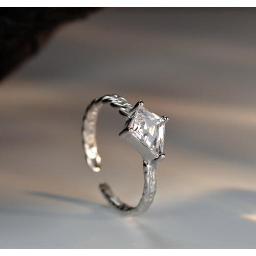 MLKENLY Trendy S925 Sterling Silver Thin Chain Ring Bling Geometric Rhombus Zircon Open Ring Anniversary Gifts