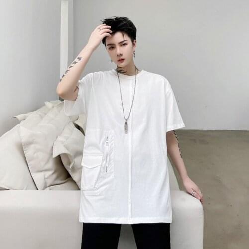 Summer dark series ins pocket decoration Korean version mens loose hip hop short sleeve T-shirt hairdresser work clothes T-shir