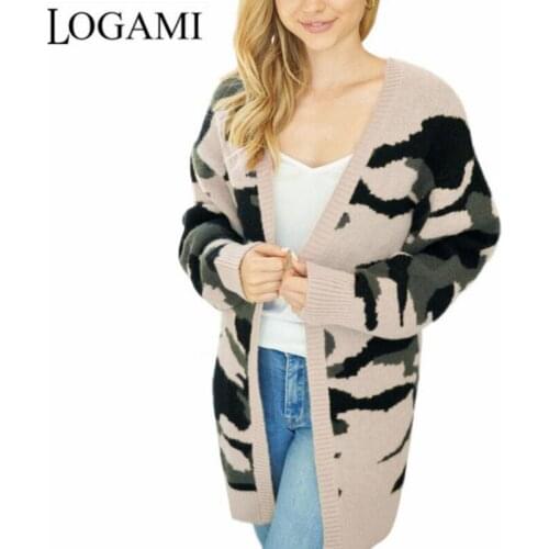 LOGAMI New Autumn and Winter Sweater Women Long Camouflage Knitting Sweater Cardigan Coat