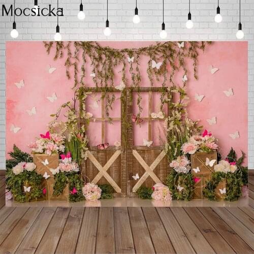 Mocsicka Spring Fresh Flowers Photography Background Wooden Door Butterfly Backdrop Child portrait Decoration Props For Studio