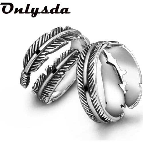 European and American mens Stainless steel open ring geometric personality leaf feather ring adjustable OSR580