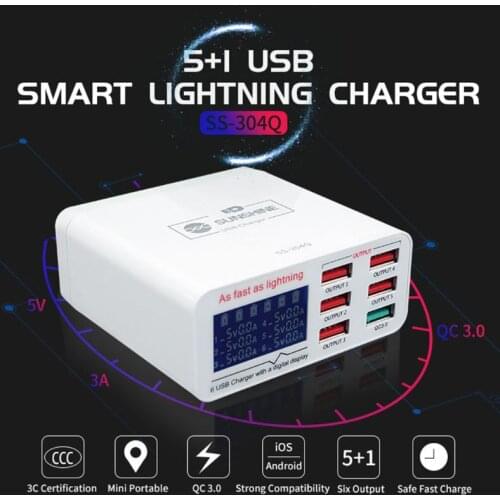 New QC3.0 5V Charger 6 Port USB Mobile Phone Quick Charging Voltage Current Display
