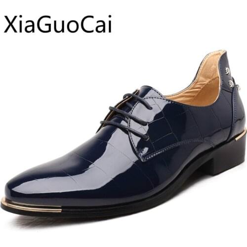 Patent Leather Luxury Men Oxfords Genuine Leather Lace Up Men Dress Shoes Flat Business Formal Shoes Plus Size Drop Shipping W3