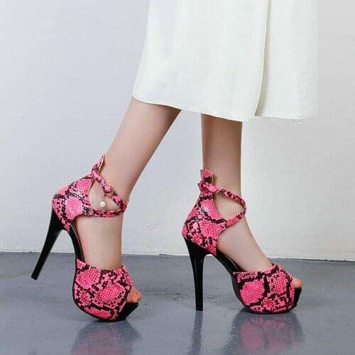 Snake print PU leather women sandals platform thin high heel women summer shoes fashion buckle party ladies sandals plus size 45