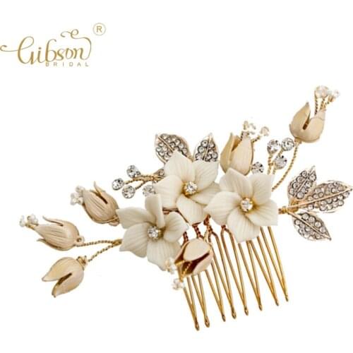 Boho Porcelain Earth Flower Hair Decoration Jewelry Bridal Wedding Hair Comb Earring Set Headpiece