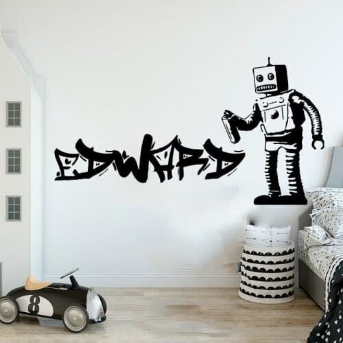 Custom Name Banksy Barcode Robot Graffiti Wall Sticker Decal Street Art Banksy Vinyl Children Room Playroom Home Decor