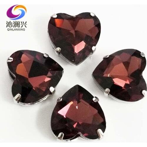 Wine red heart shape top quality Glass Crystal claw rhinestones,sew on stone with holes for Diy Clothing accessories SWH18