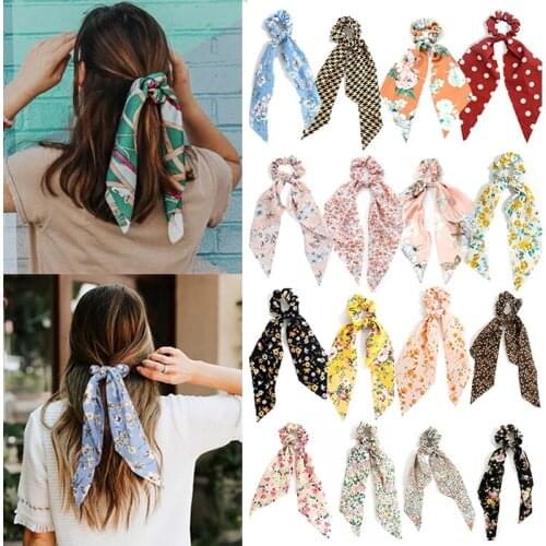Vintage Floral Print Scrunchies Long Hair Ribbon For Women Fashion Ponytail Scarf Sweet Elastic Hair Band Girl Hair Accessories