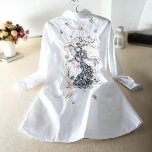 Back Emboridery Women Shirts Summer New Design 2021 Chinese Style Long Fashion 100% Cotton Lady White Outwear Top Quality