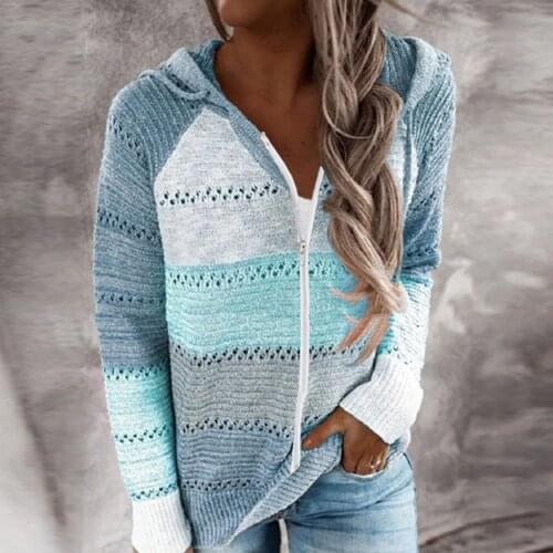 Women Knit Sweatshirt Casual Stripe Patchwork Long Sleeves Hooded Zip Sweater Hollow Out Leisure Cardigan 2021 Autumn