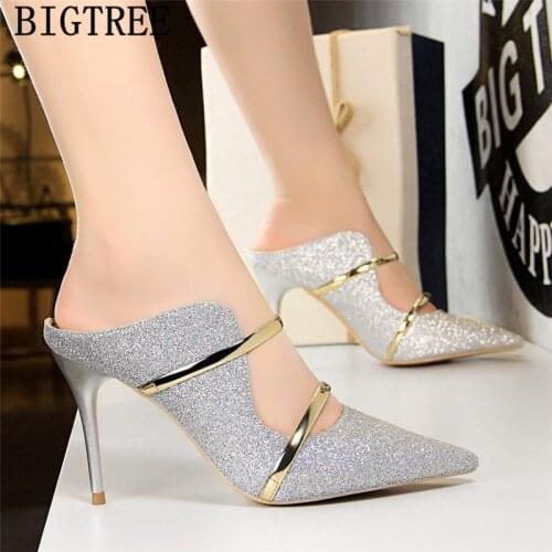 New Arrival 2021 Glitter Heels Dress Shoes Women Mules Shoes Women Tacones Altos Mujer Sexy Bigtree Shoes High Heel Sandals Buty