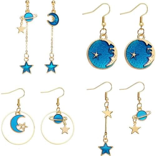 Creative Colorful Enamel Star Moon Drop Earring For Women Girls Fashion Charm Universe Asymmetric Dangle Earring Jewelry Gift