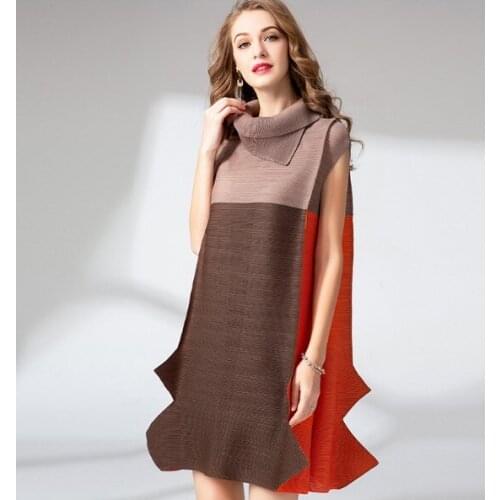 HOT SELLING Miyake Fashion fold short sleeve patchwork asymmetrical neck Ruffle dress IN STOCK