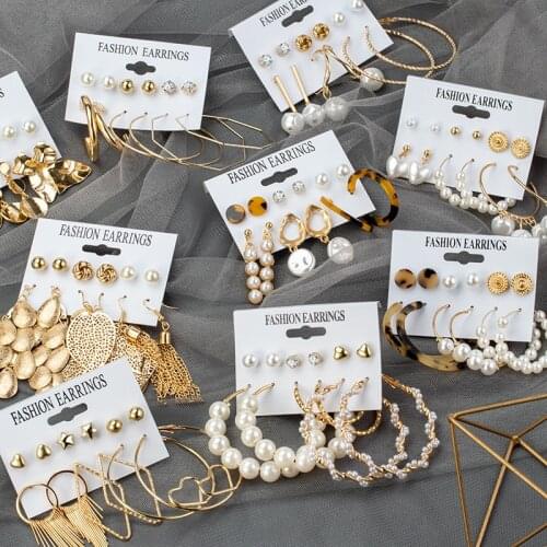 ZWC Fashion Vintage Gold Pearl Round Circle Drop Earrings Set For Women Large Bohemian Acrylic Dangle Earring Female Jewelry