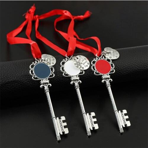 40CM Long Santa Claus Metal Key Christmas Pendant Ornaments with Red Rope Hot Blue White Enamel Diy Consumable