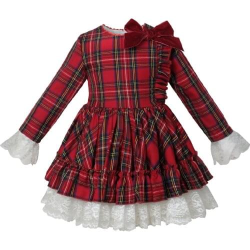Baby Children Toddler Boutique Clothes Autumn Long Sleeve Red Plaid England Vintage Spanish Ball Gown Dress Girl Party Christmas
