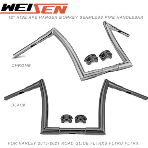 For Harley 2015-2021 Road Glide FLTRXS FLTRU FLTRX Motorcycle 12" Chrome & Black Rise Ape Hanger Monkey Seamless Pipe Handlebar