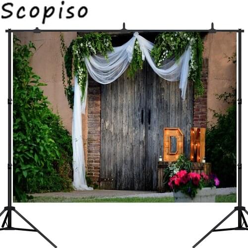 Scopiso Gray Photography Backdrop Wooden Door Flower Vine Green Grass Wedding Party Decoration Photo Background Studio Prop
