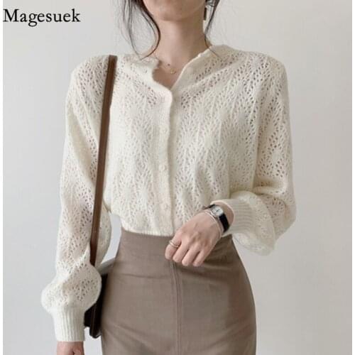 Hollow Out Knitted Women Cardigan Elegant Tops Long Sleeve Casual Sweater Woman Office Lady Autumn New Knit Cardigan Femme 9824