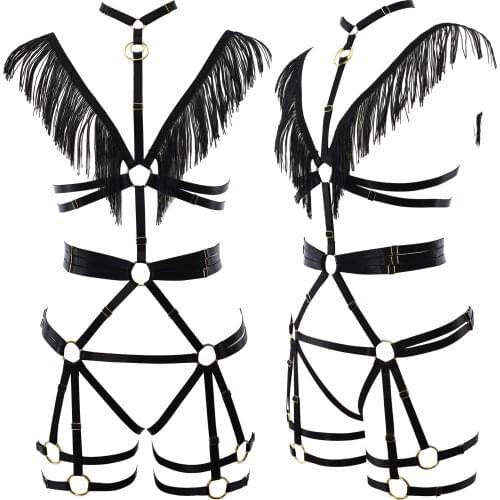 Tassel Bondage Body Harness Garter Belt Black Sexy Lingerie Leg Ring Elastic Bodysuit Hollow Open Chest Bra Goth G-String