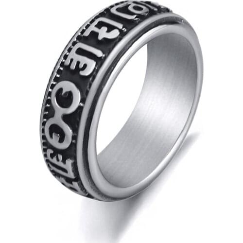 8mm Men Tibetan Buddhism Om Mani Padme Hum Band Stainless Steel Ring Wholesale Jewelry